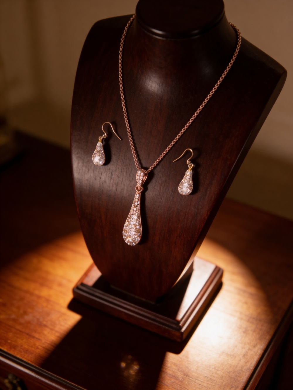 Elegant Rose Gold Teardrop Necklace & Earring Set